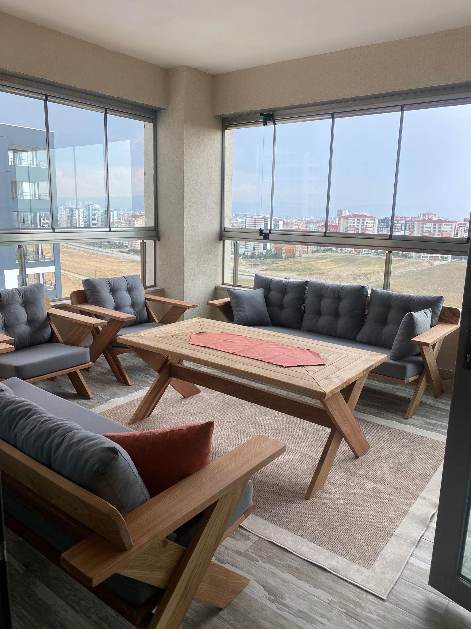 Best Garden Kestane Ahşap Bahçe Koltuk Takım Krem 3+1+1+ Masa+ 2 Adet Puf