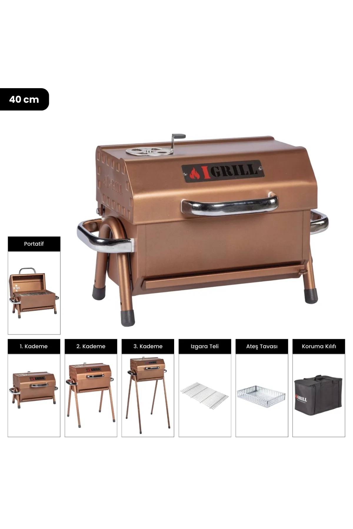 IGRILL 402 Teflon Kaplamalı Kömürlü Mangal 4-6 Kişilik Ayaklı Barbekü Seti