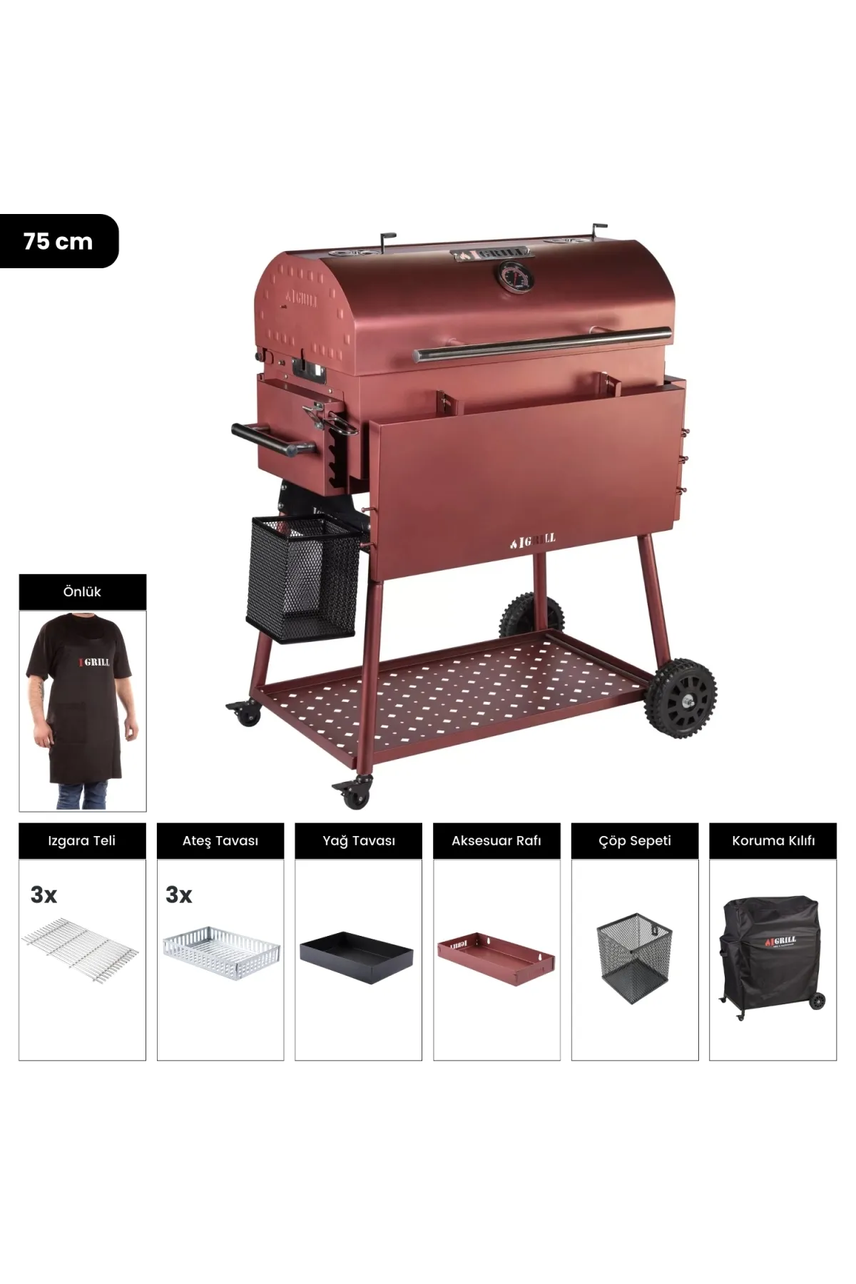 IGRILL Tekerlekli Kapaklı Kömürlü Mangal Isıya Dayanıklı Büyük Paslanmaz 1. Sınıf Barbekü Seti