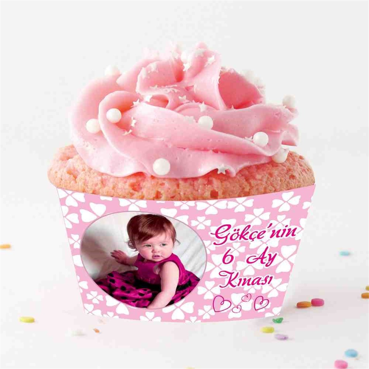 Altı Ay Kınası pembe yonca konseptli Cupcake Sargısı 
