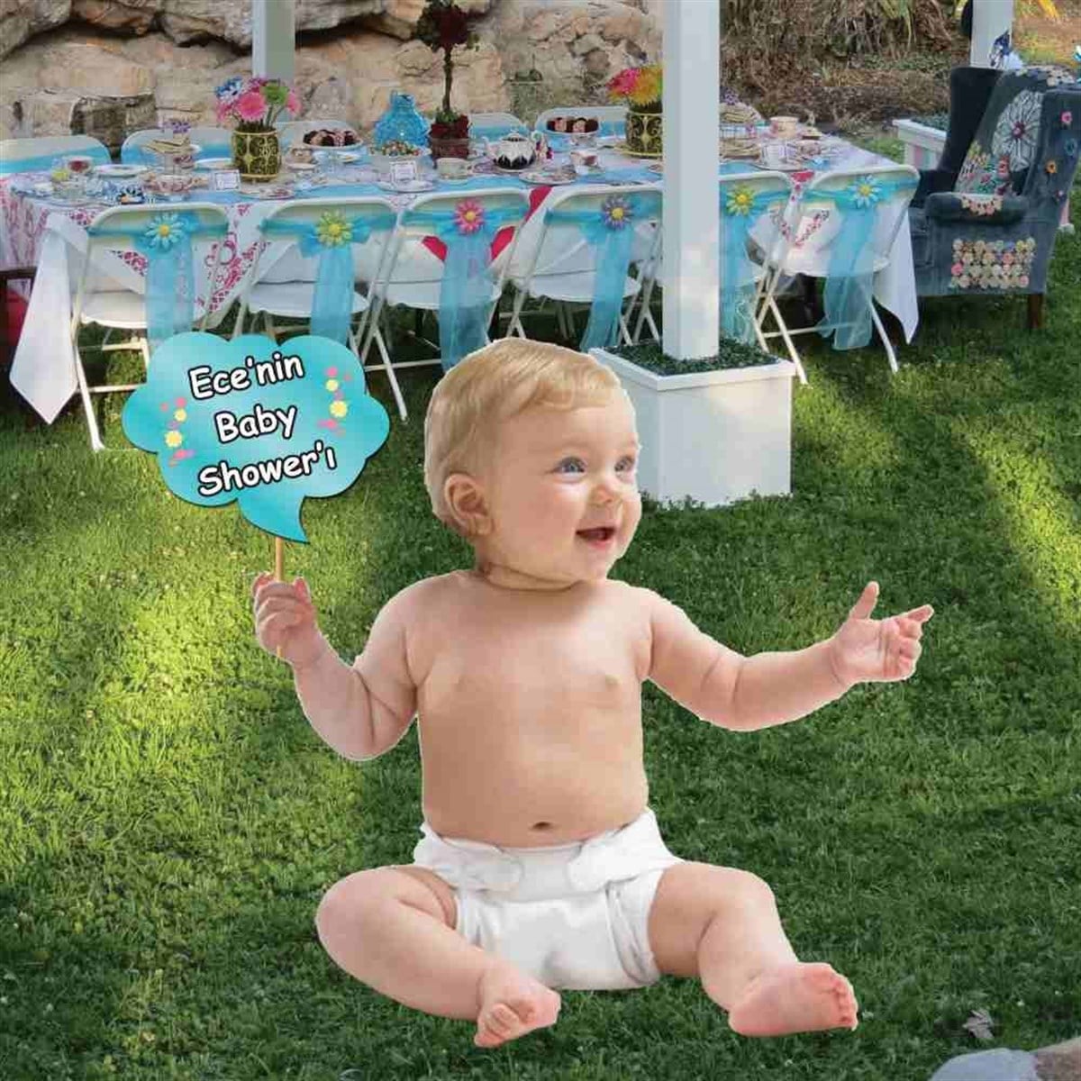 Baby Shower  Mavi Çicekli Konsepti Kişiye Özel Konuşma Balonu 