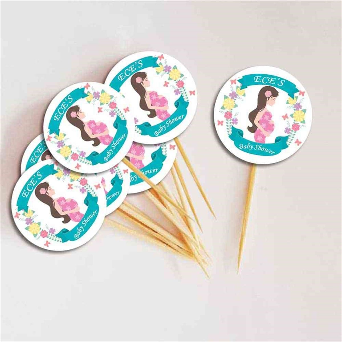 Baby Shower  Mavi Çicekli Konsepti Kürdan Cupcake 