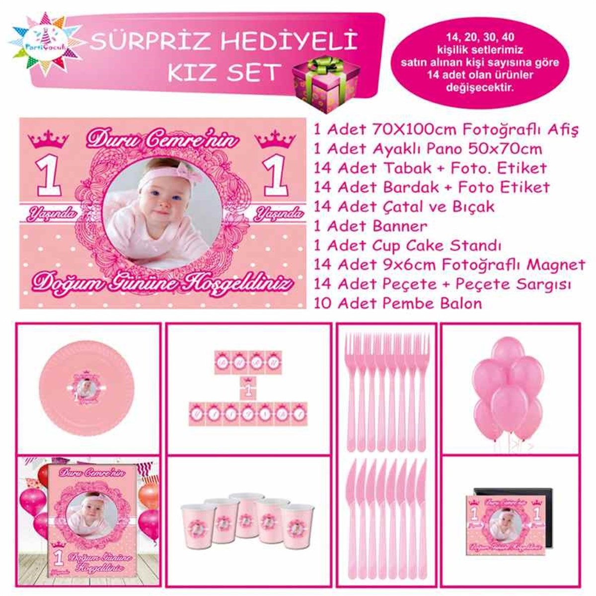 Fuşya Taç Parti Tema Paketi Sürpriz Set 