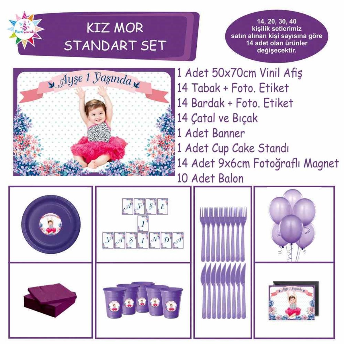 Mor Çiçek Parti Paketi Konsept Standart Set 