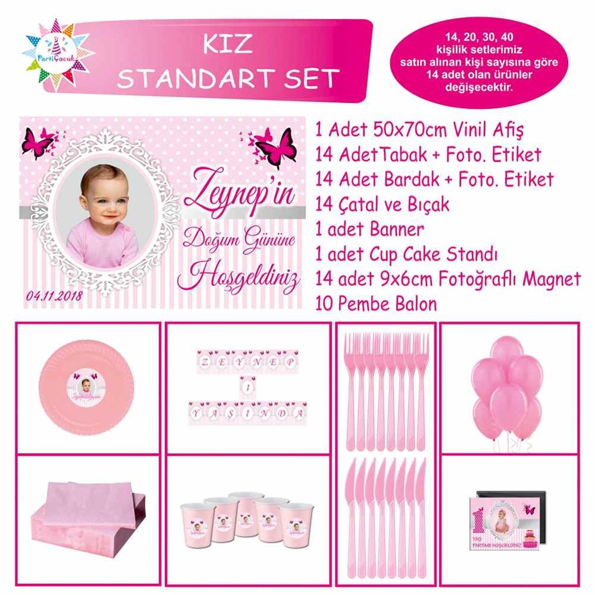 Pembe Puantiyeli Kelebek Konsept Standart Set  