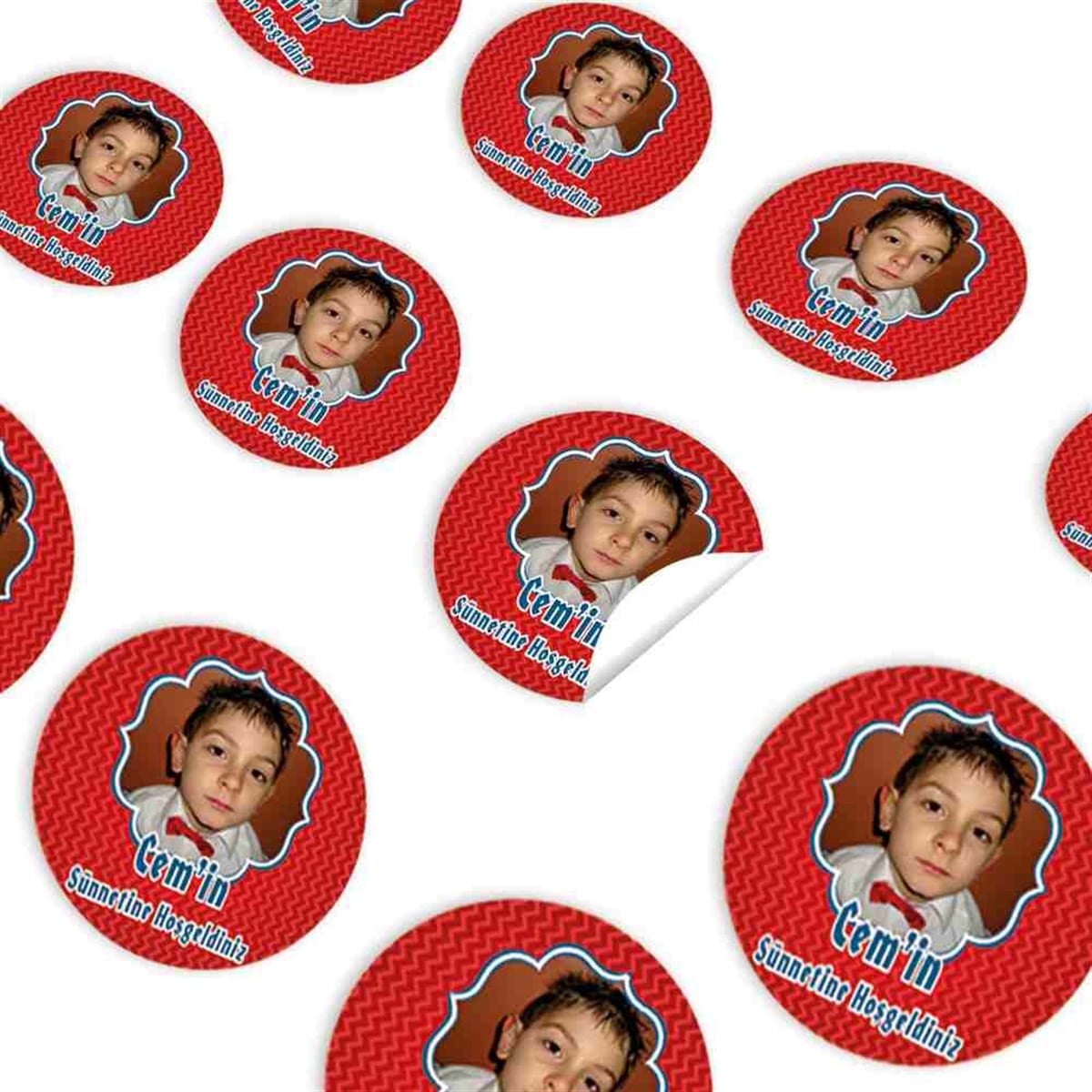 Sünnet Resimli İsimli Kırmızı Parti Süsleri Sticker 30 Adet 