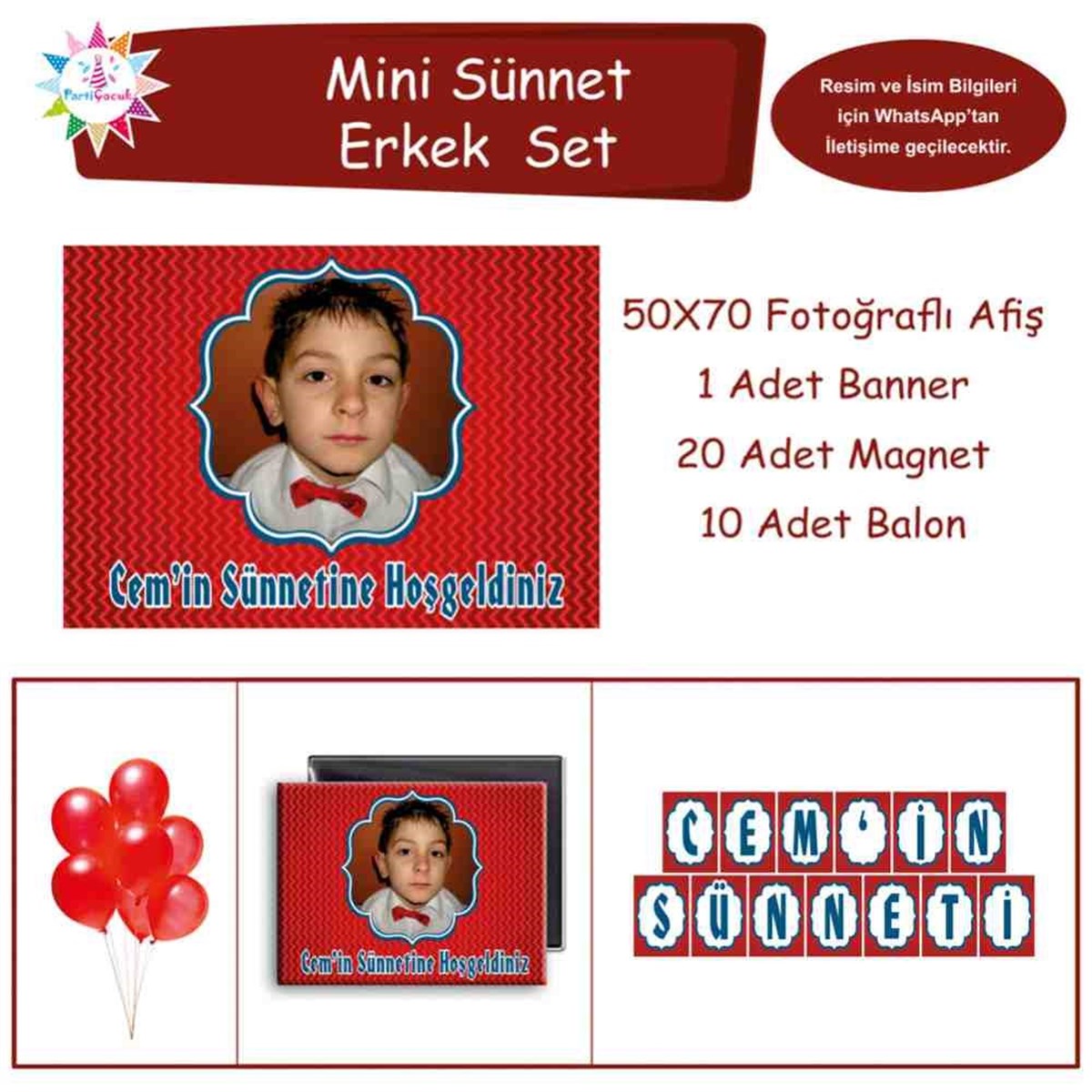Sünnet Resimli İsimli Kırmızı Parti Süsleri Mini Set 