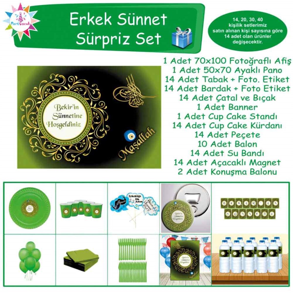 Sünnet Süsleri Yeşil Gold Tuğralı Sürpriz Set 
