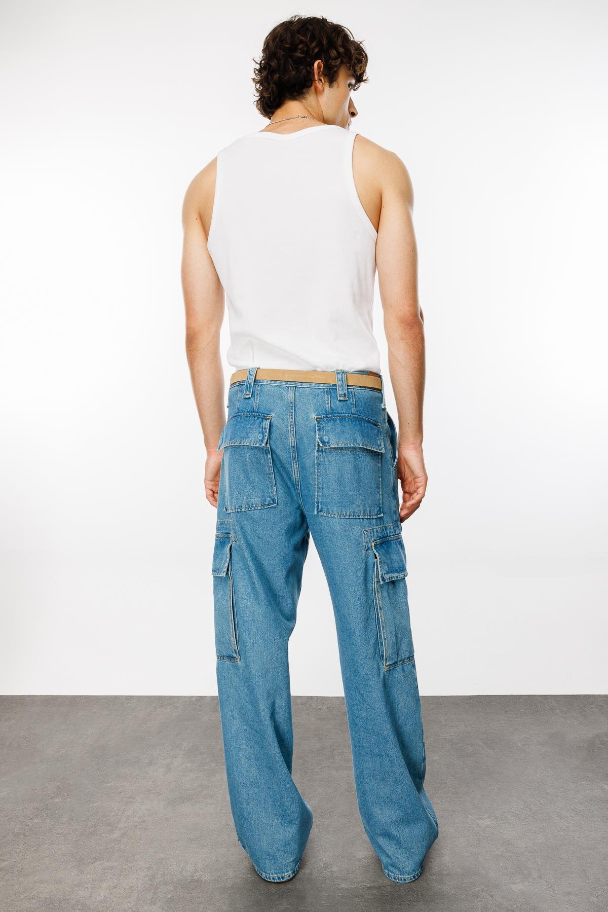 BORRIS Cargo Fit Orta İndigo Utility Erkek Jean Pantolon