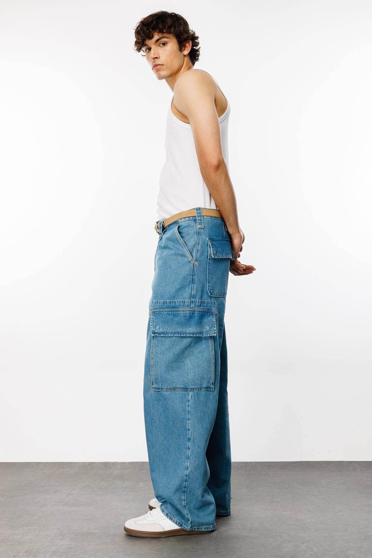 BORRIS Cargo Fit Orta İndigo Utility Erkek Jean Pantolon