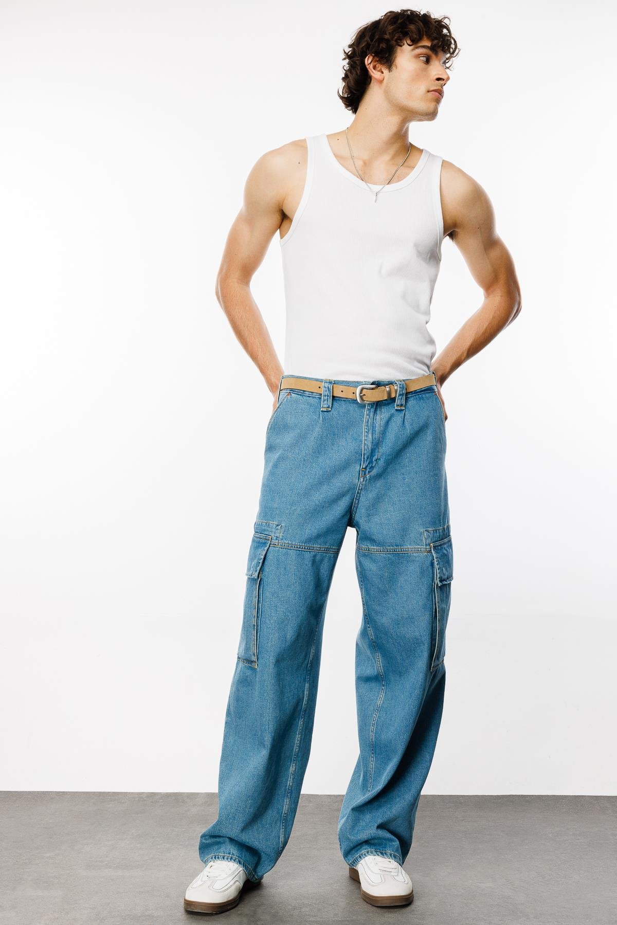BORRIS Cargo Fit Orta İndigo Utility Erkek Jean Pantolon