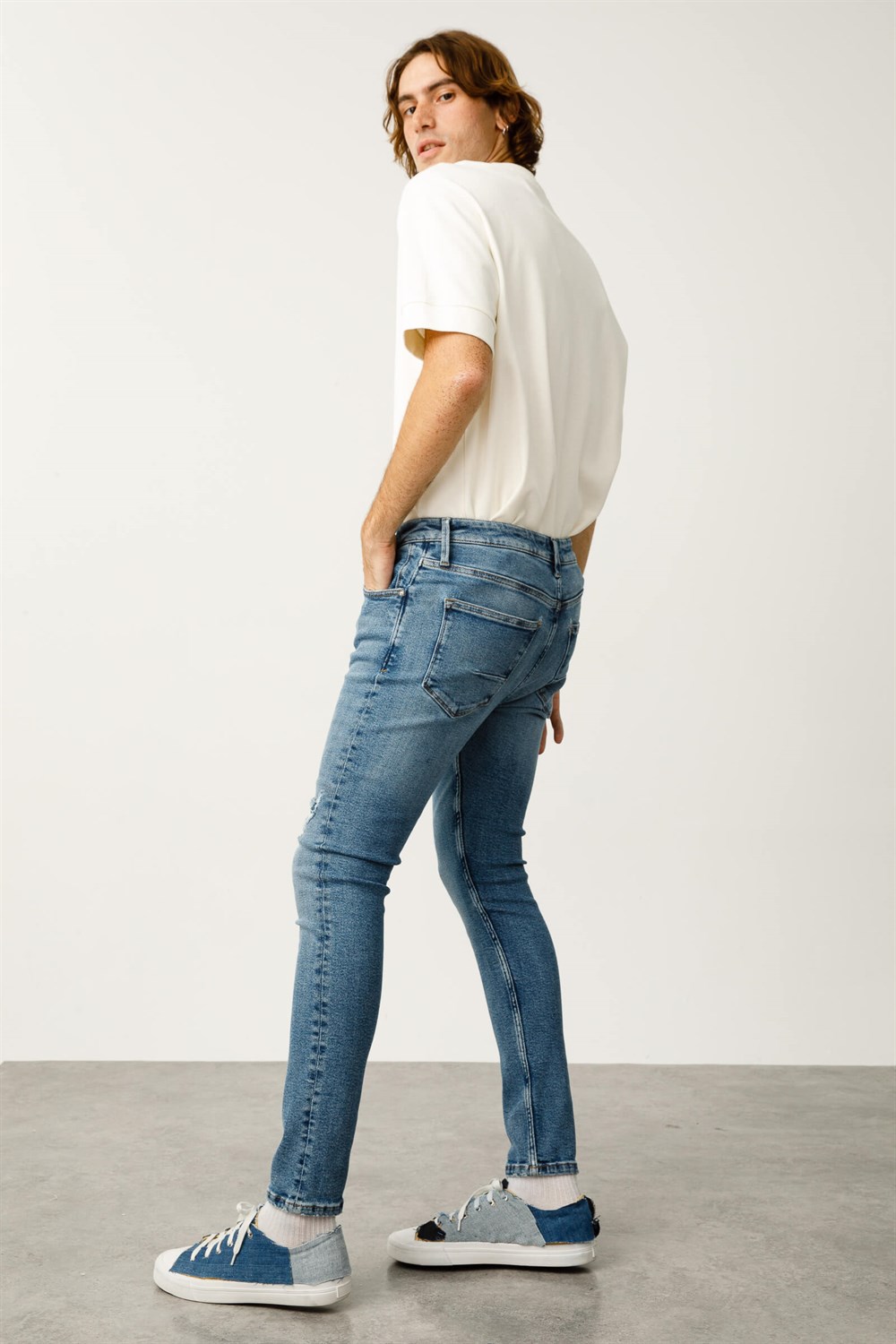 ETHAN Skinny Fit Normal Bel Dar Paça Açık Indigo Erkek Jean Pantolon