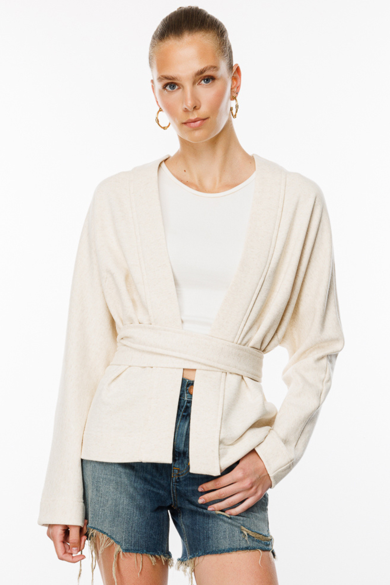 Kuşaklı Krem Kadın Kimono Hırka