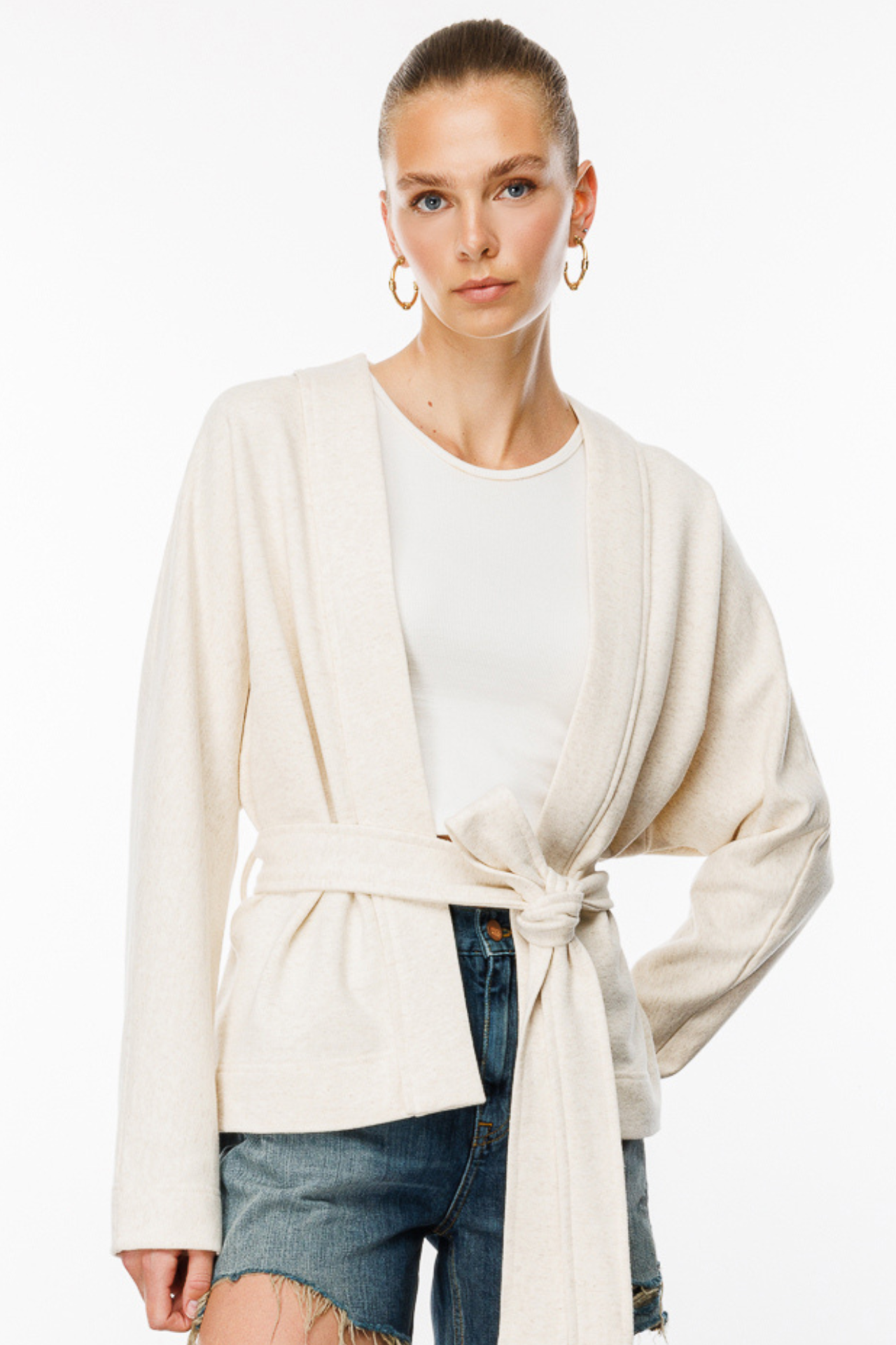 Kuşaklı Krem Kadın Kimono Hırka