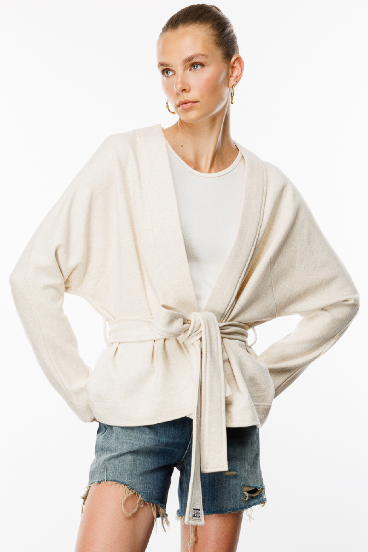 Kuşaklı Krem Kadın Kimono Hırka