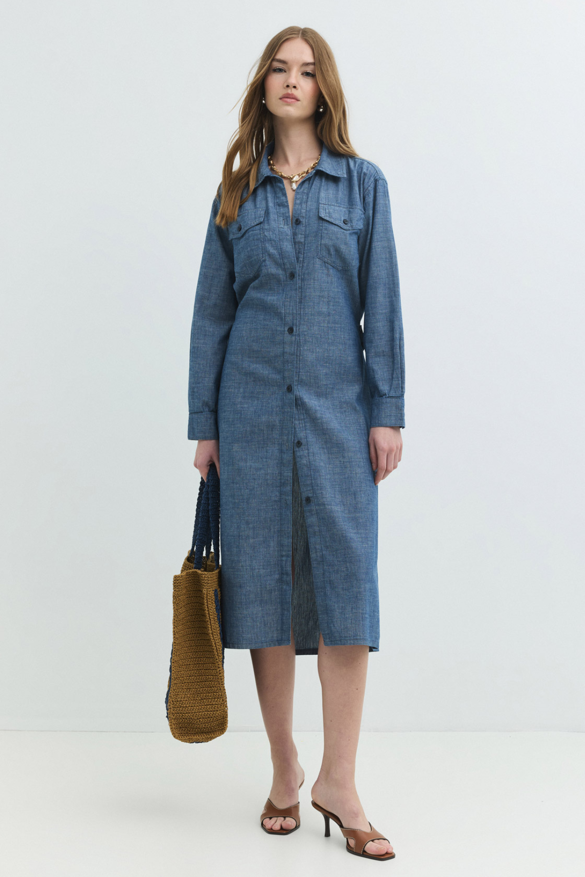 Oversize Fit Kuşaklı Chambray Orta İndigo Midi Jean Elbise