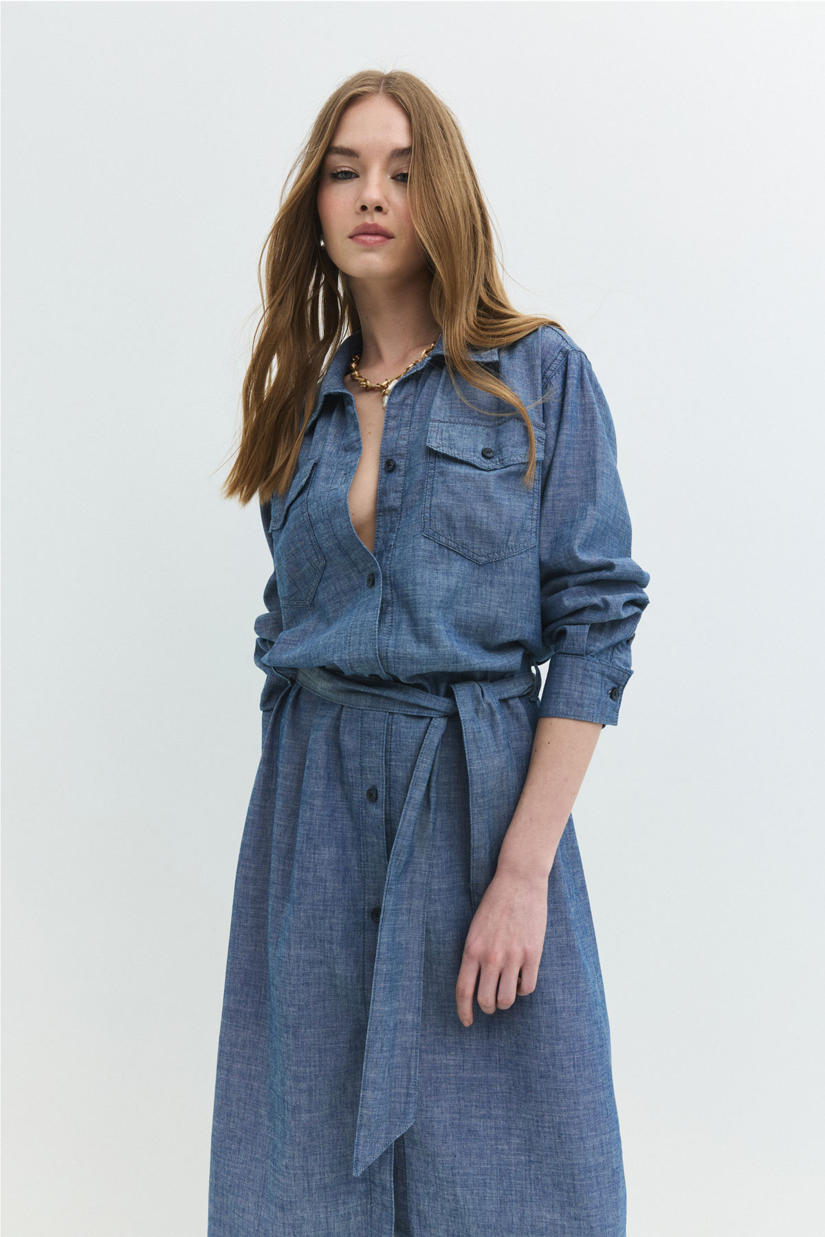 Oversize Fit Kuşaklı Chambray Orta İndigo Midi Jean Elbise