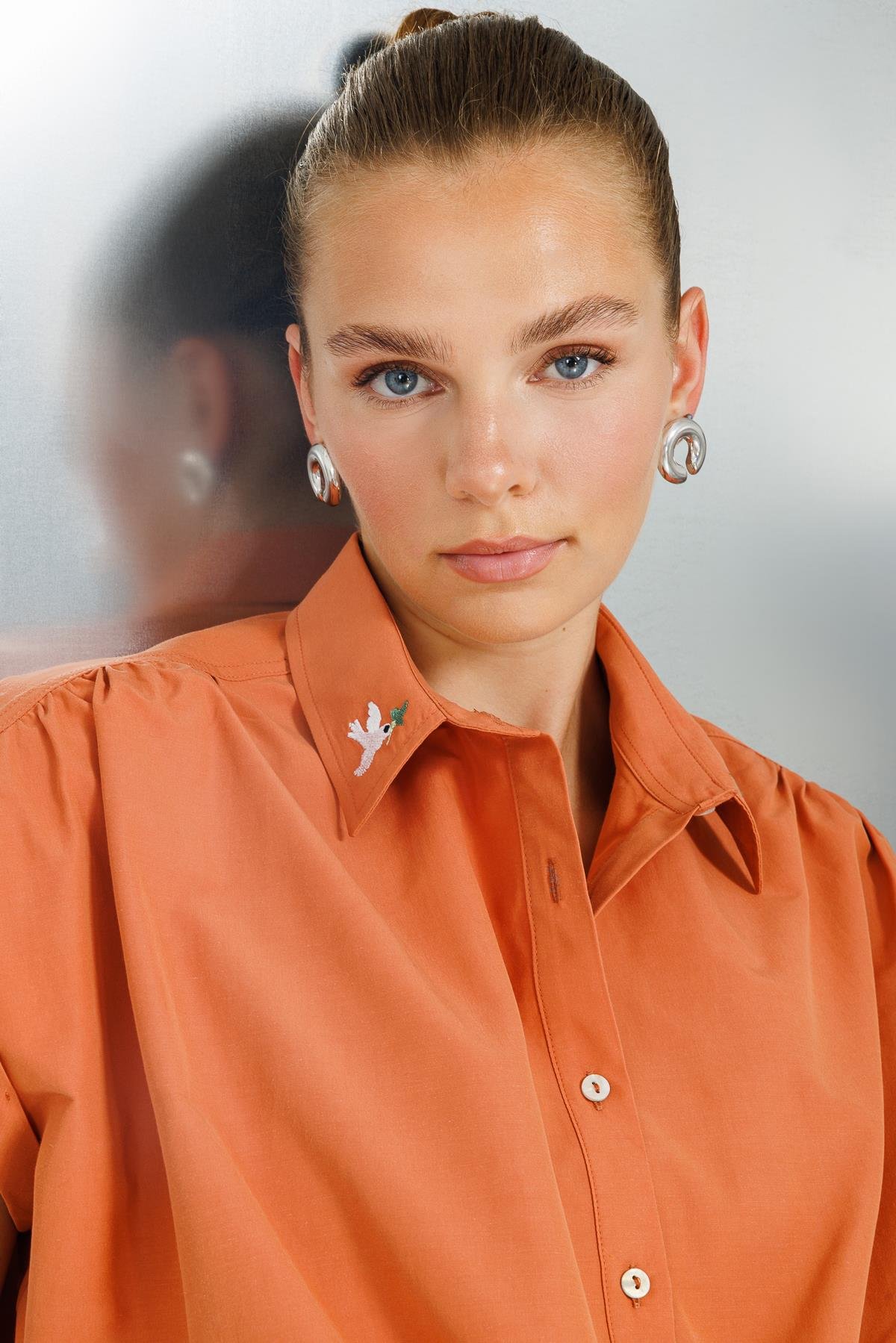 Rahat / Relaxed Fit Kiremit Kadın Nakışlı Gömlek