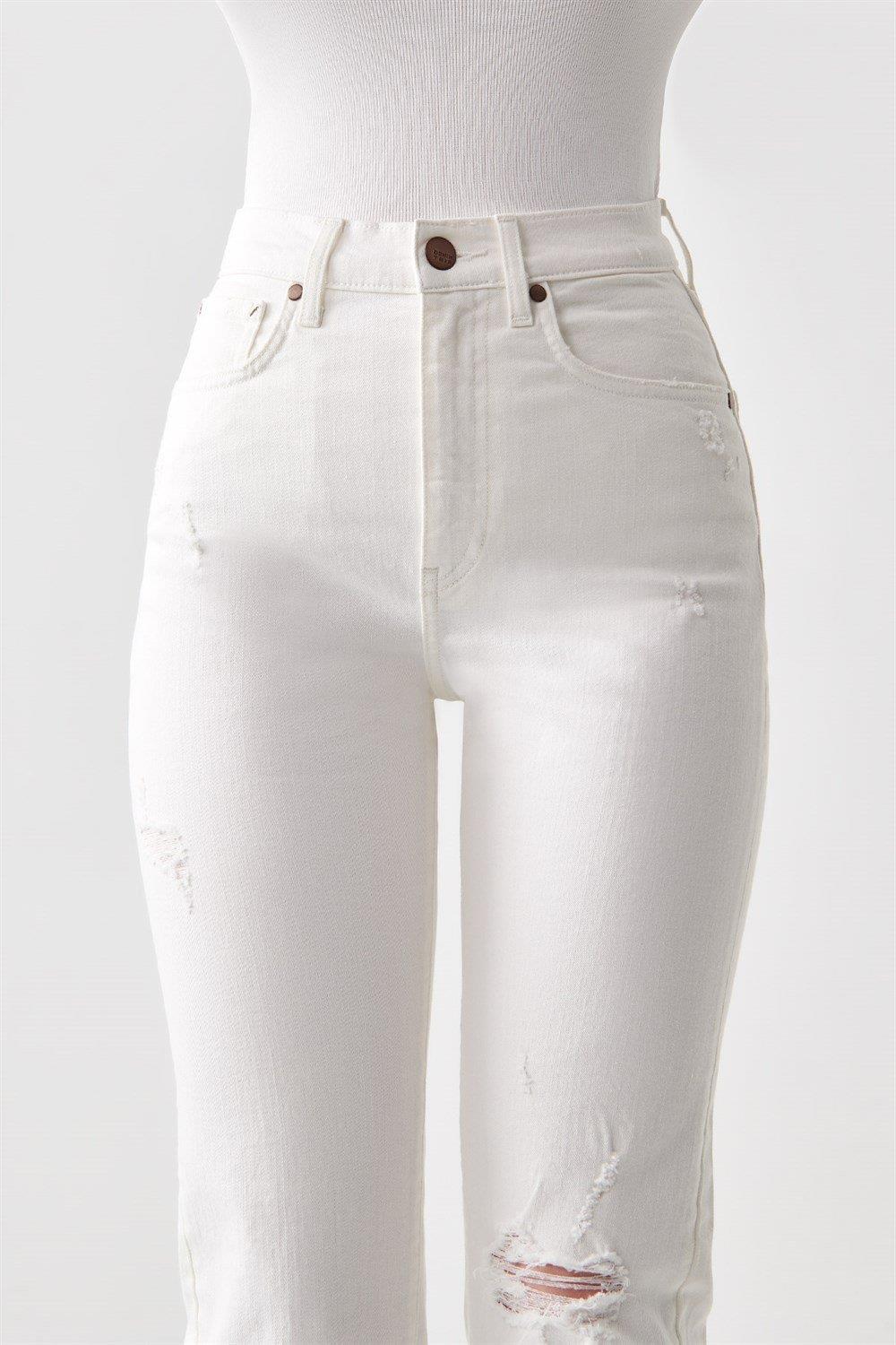 SARAH Slim Straight Fit Yüksek Bel Düz Paça Beyaz Kadın Jean Pantolon