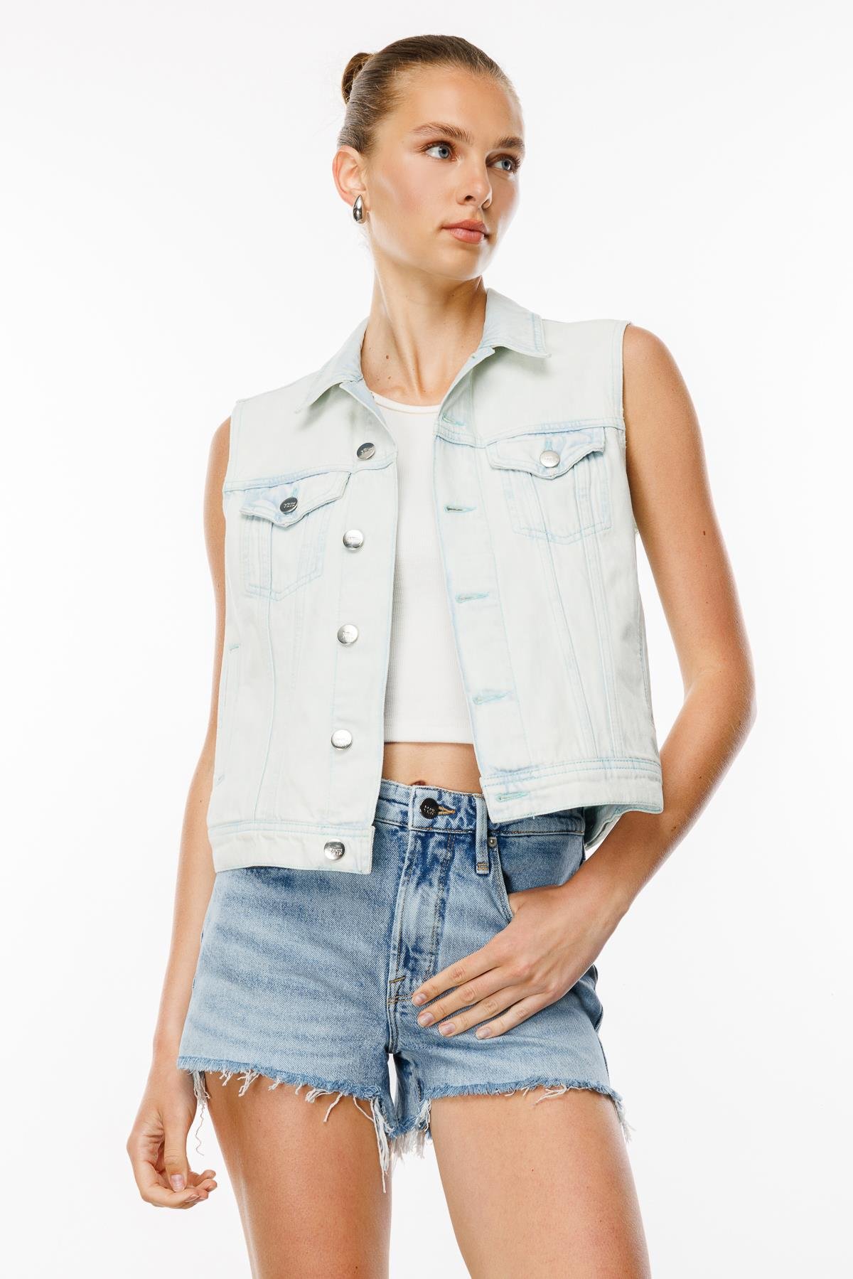 Trucker Slim Crop Fit Açık İndigo Kadın Jean Yelek