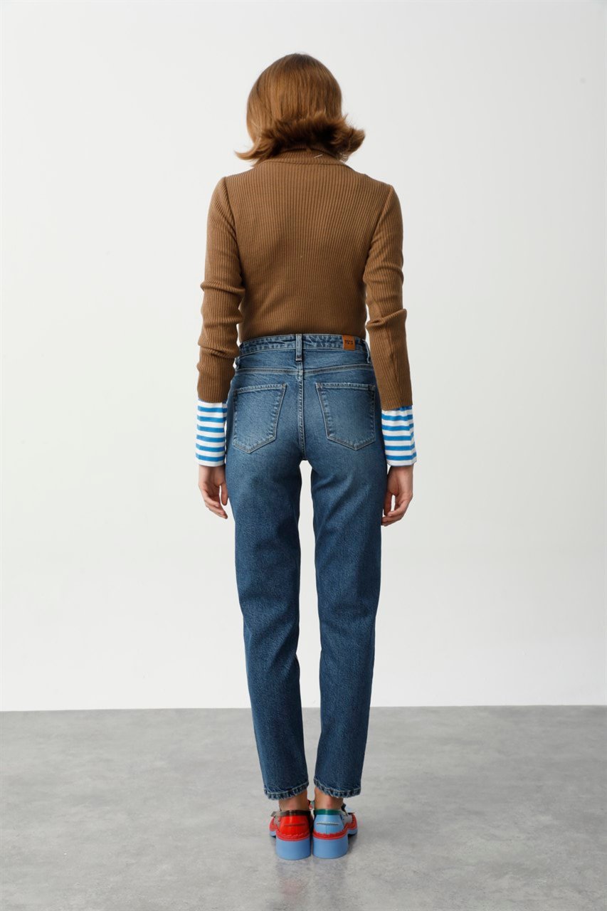 YOLANDA Mom Fit Yüksek Bel Orta İndigo Kadın jEAN Pantolon