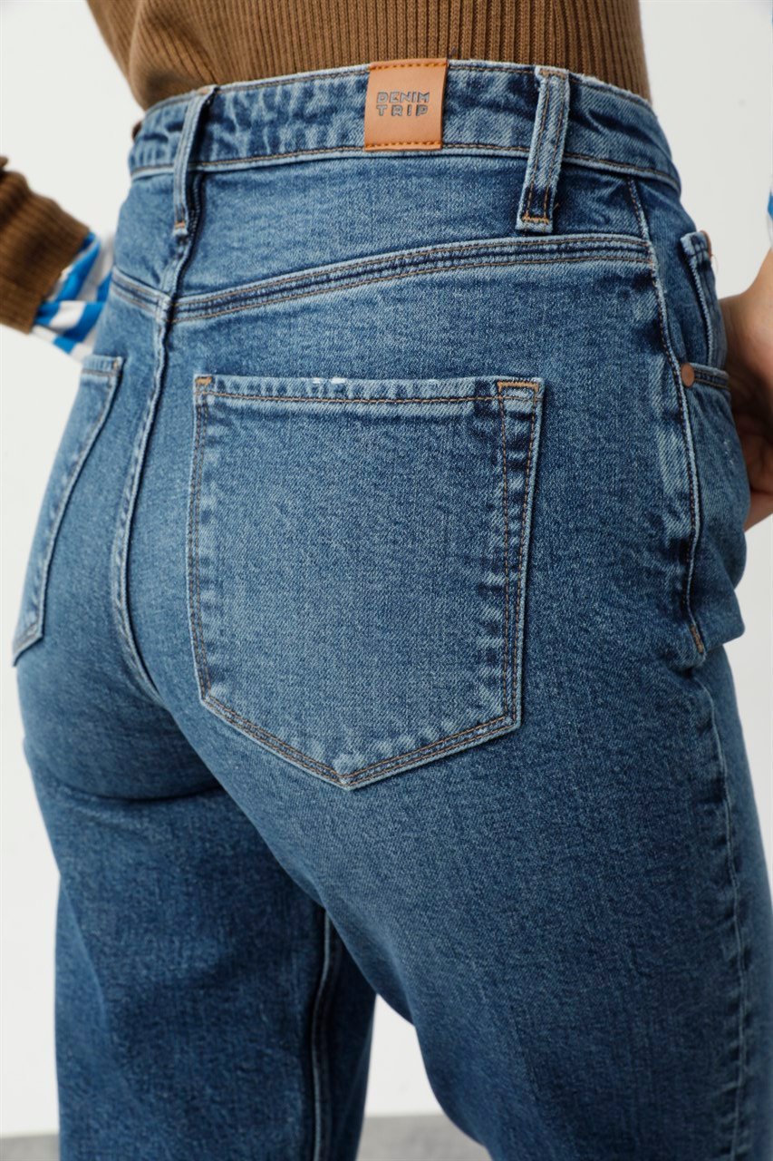 YOLANDA Mom Fit Yüksek Bel Orta İndigo Kadın jEAN Pantolon