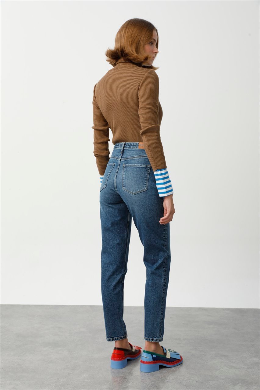 YOLANDA Mom Fit Yüksek Bel Orta İndigo Kadın jEAN Pantolon