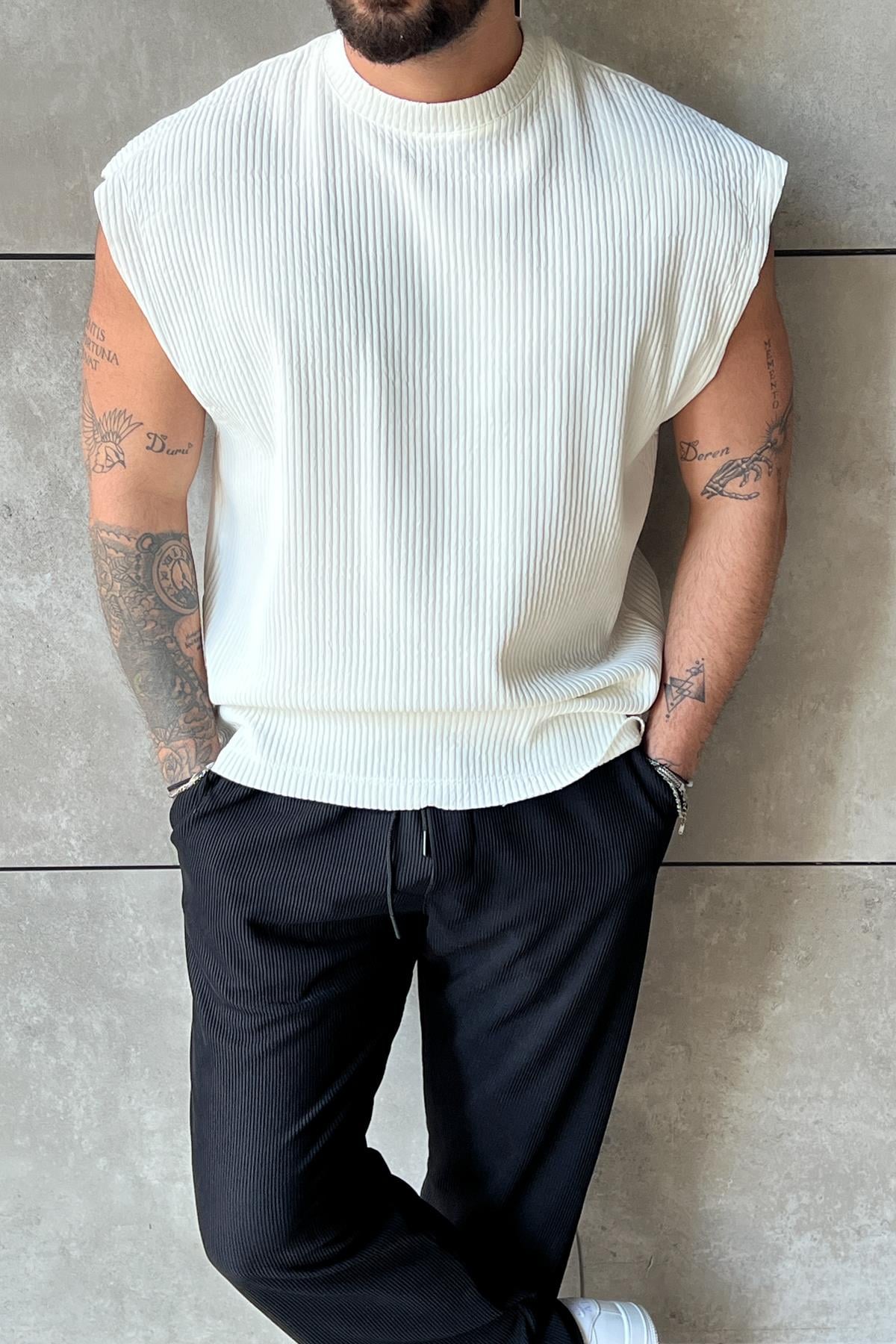 Fitilli Oversize Kesik Kol T-Shirt