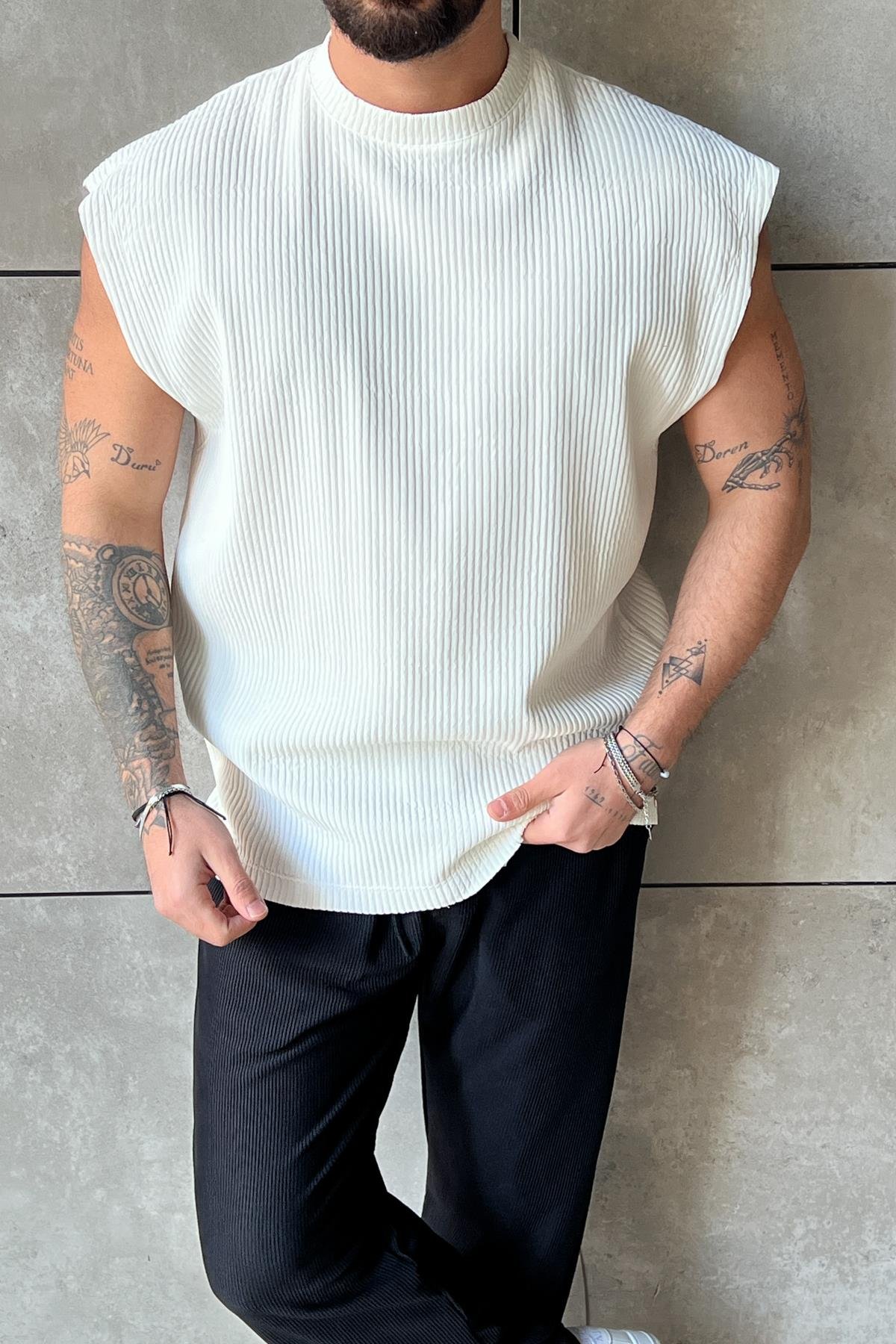 Fitilli Oversize Kesik Kol T-Shirt