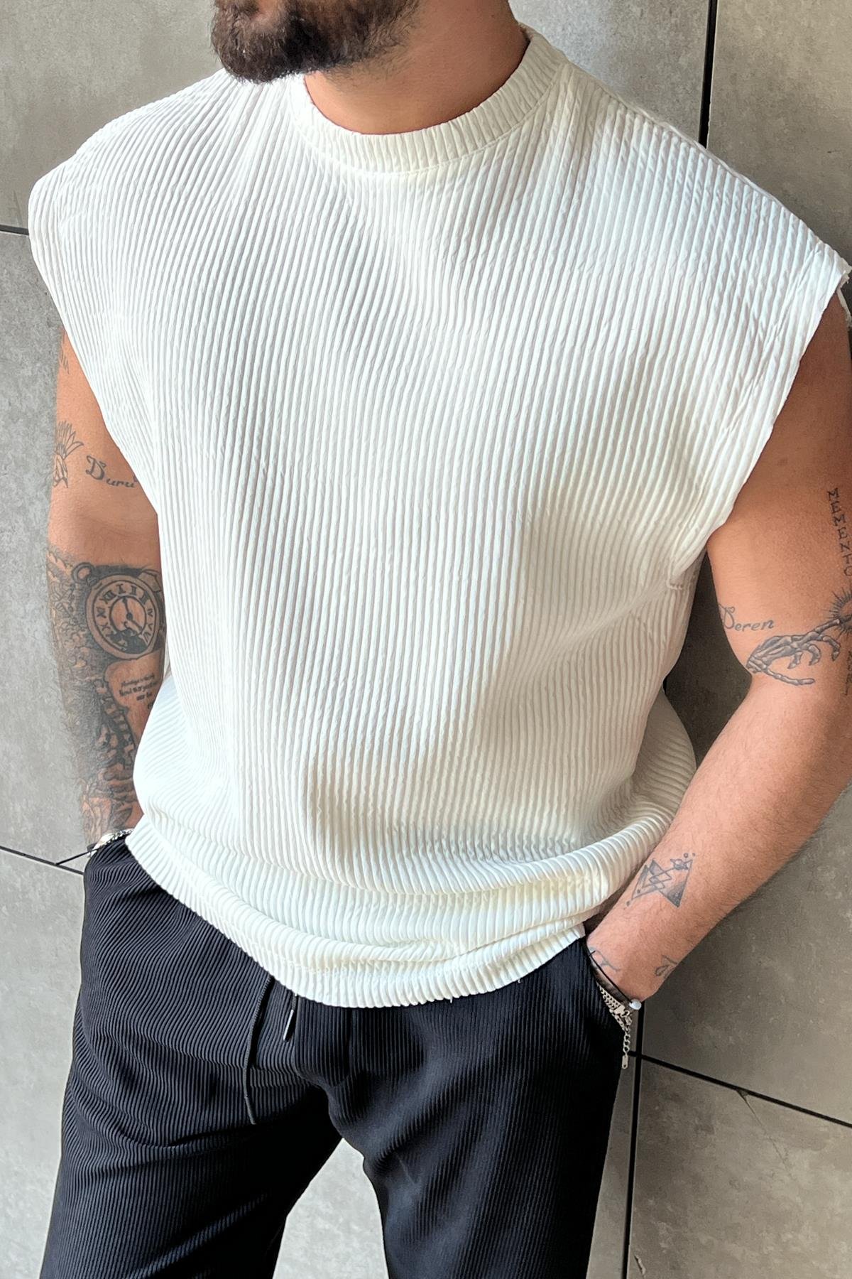 Fitilli Oversize Kesik Kol T-Shirt