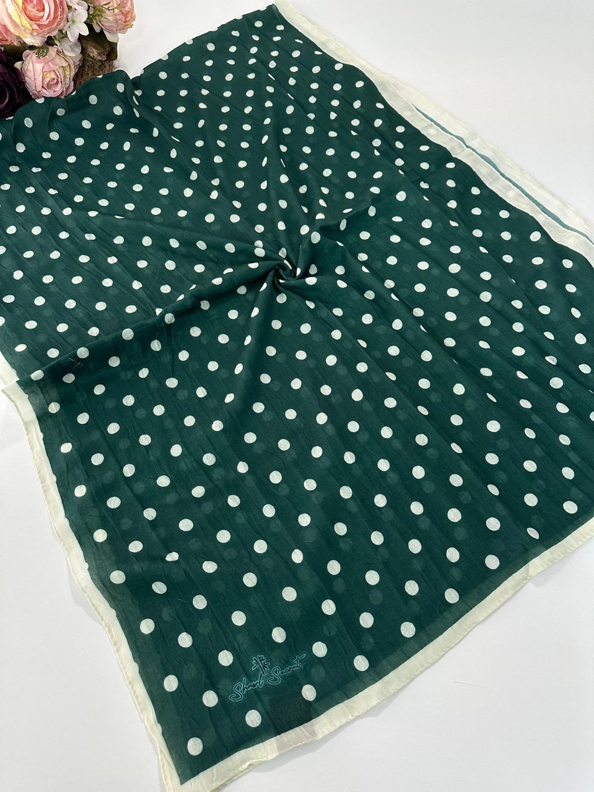 Shawl Scret Puantiye Desenli Kraş Şal Zümrüt -Krem  BCD0106