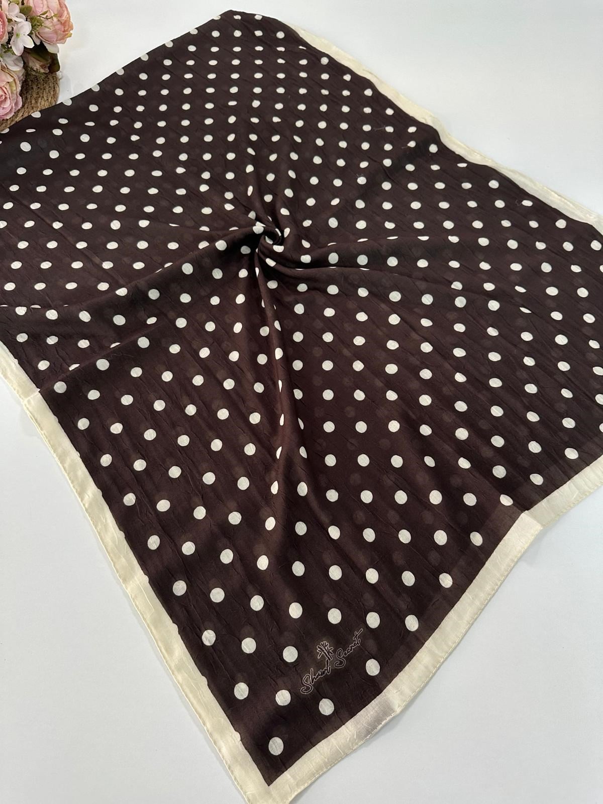 Shawl Scret Puantiye Desenli Kraş Şal  Kahverengi -Ekru  BCD0102