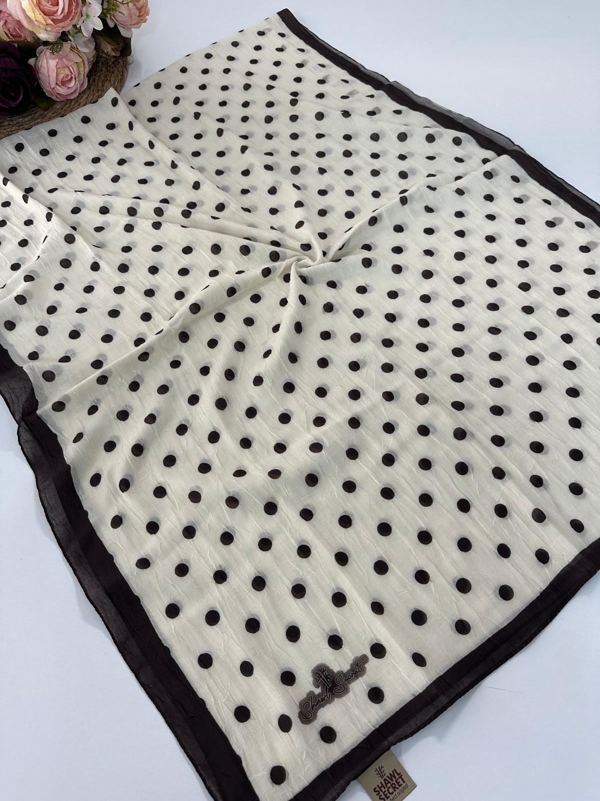 Shawl Scret Puantiye Desenli Kraş Şal Kahverengi-Krem  BCD0107