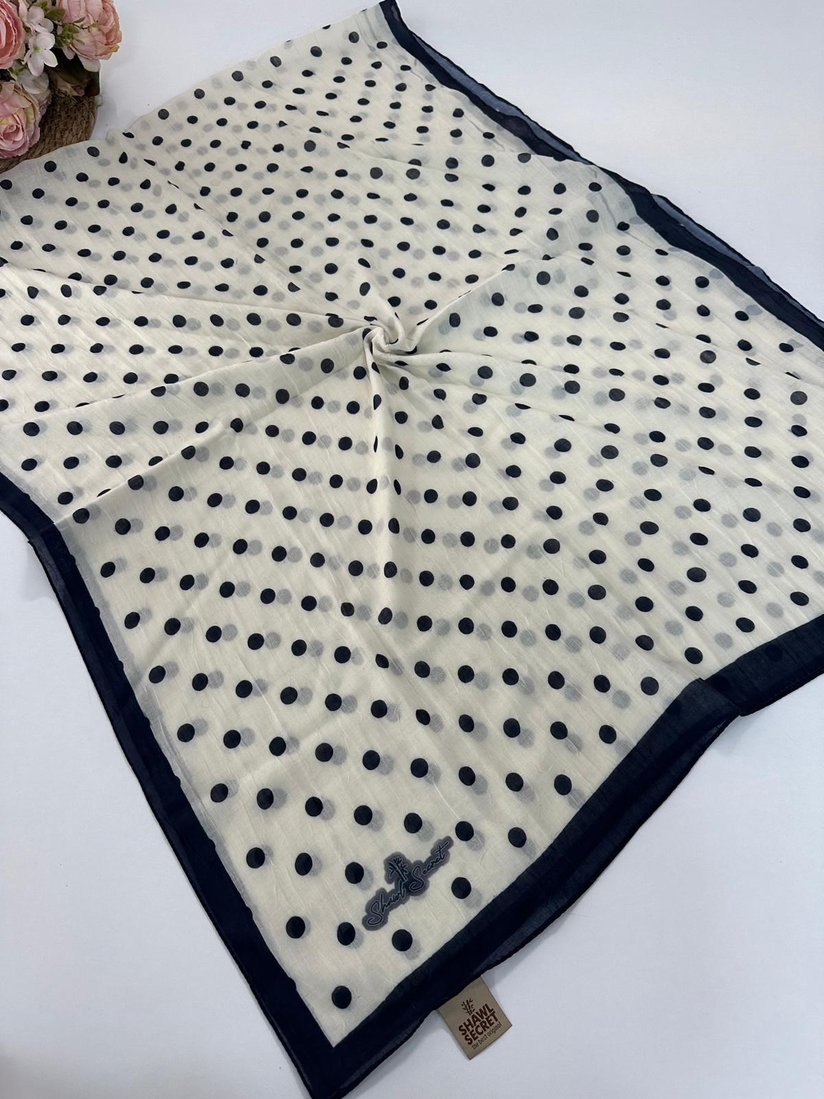 Shawl Scret Puantiye Desenli Kraş Şal Lacivert -Krem  BCD0105