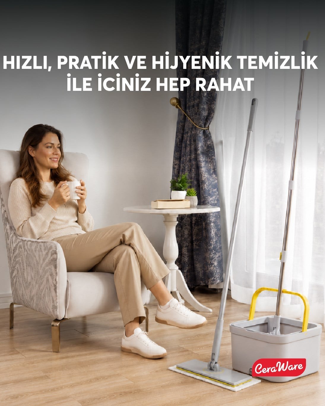 Ceraware Home Care Premium Hijyen Seti Dual System Kare Mop Pratica Click Mop 2 Mikrofiber Bez