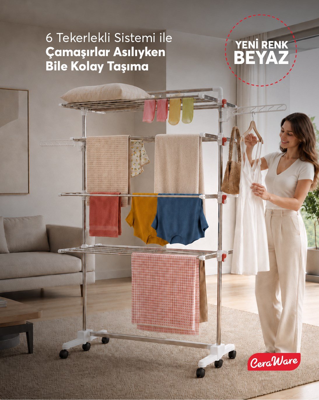 Ceraware Home S4 Premium 4 Katlı BEYAZ Çamaşırlık Made in Korea Tam Katlanır Tekerlekli Çamaşır Kurutmalık