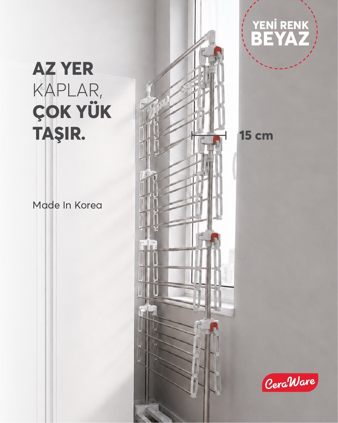 Ceraware Home S4 Premium 4 Katlı BEYAZ Çamaşırlık Made in Korea Tam Katlanır Tekerlekli Çamaşır Kurutmalık