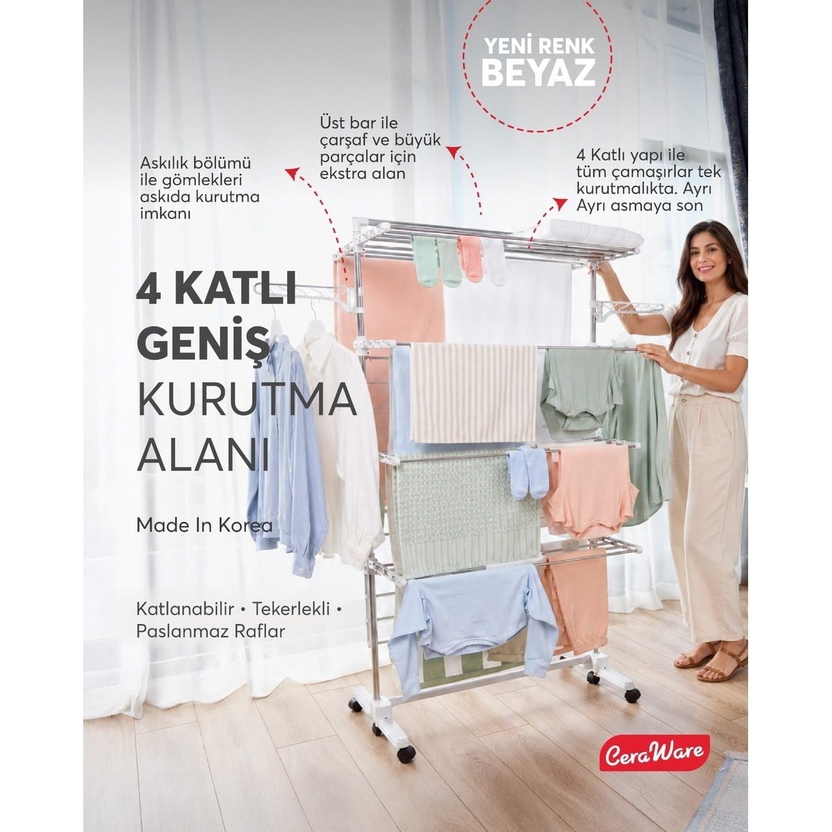 Ceraware Home S4 Premium 4 Katlı BEYAZ Çamaşırlık Made in Korea Tam Katlanır Tekerlekli Çamaşır Kurutmalık