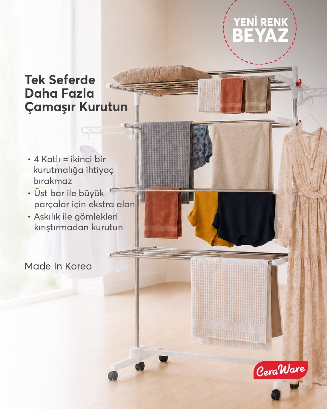Ceraware Home S4 Premium 4 Katlı BEYAZ Çamaşırlık Made in Korea Tam Katlanır Tekerlekli Çamaşır Kurutmalık