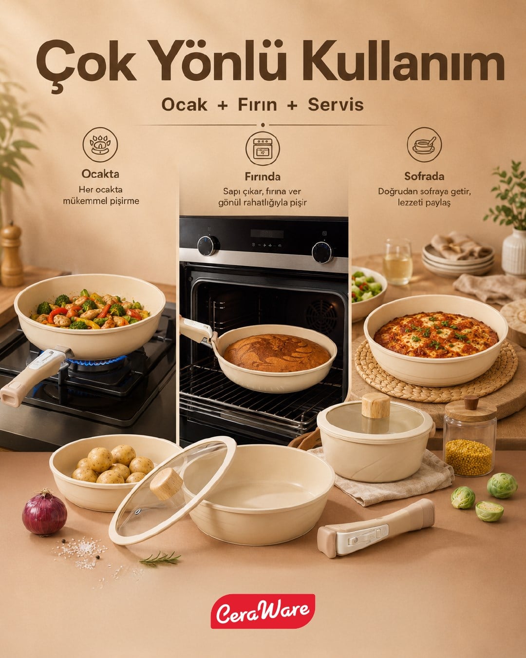 Ceraware Hona Made in Korea Seramik Tencere Tava Seti 14 Parça Sapı Çıkabilen İç İçe Geçen Mutfak Seti Bej