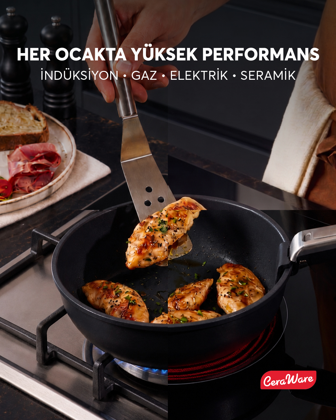 Ceraware Hona Made in Korea Seramik Yapışmaz Tencere Tava Seti 9 Parça Tak Çıkar Saplı İç İçe Geçebilen Set Siyah