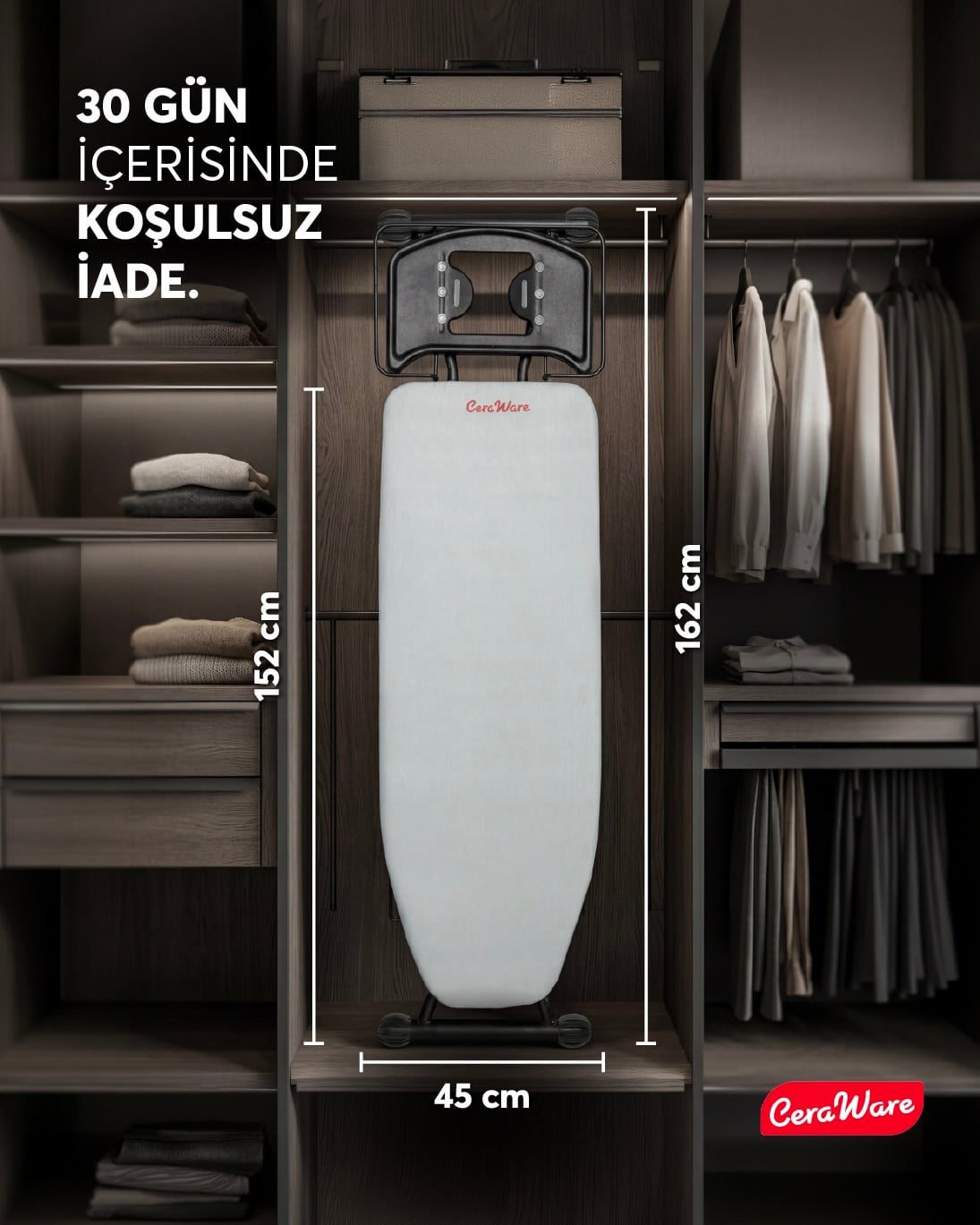 Ceraware Nero Premium Ütü Masası Sallanmaz StabilBase Sistem Kalın Boru Büyük Boy Profesyonel Ütü Deneyimi