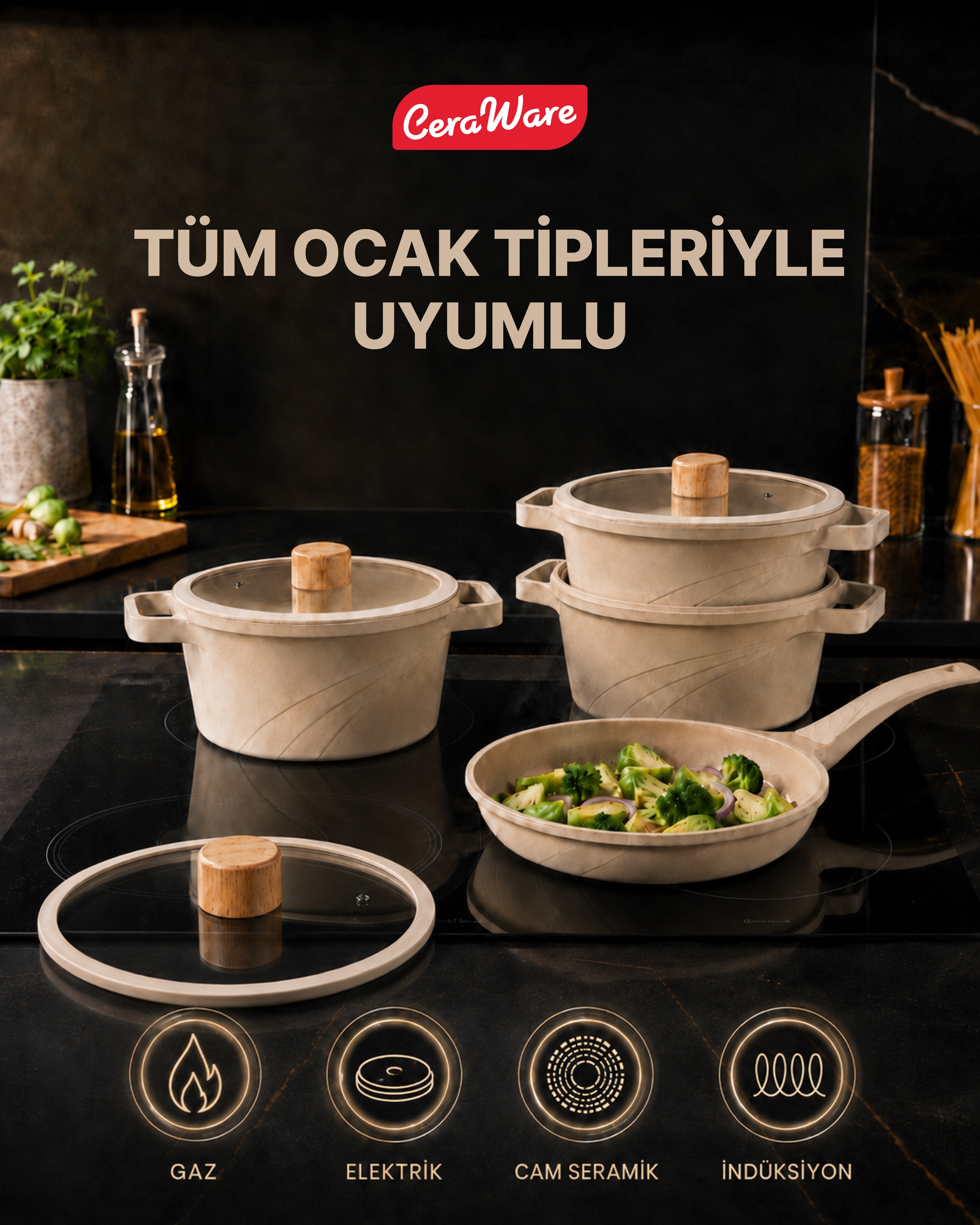 Ceraware Vetta Made in Korea Seramik Yapışmaz Tencere Tava Seti 7 Parça Sağlıklı Dayanıklı Döküm Mutfak Seti Bej