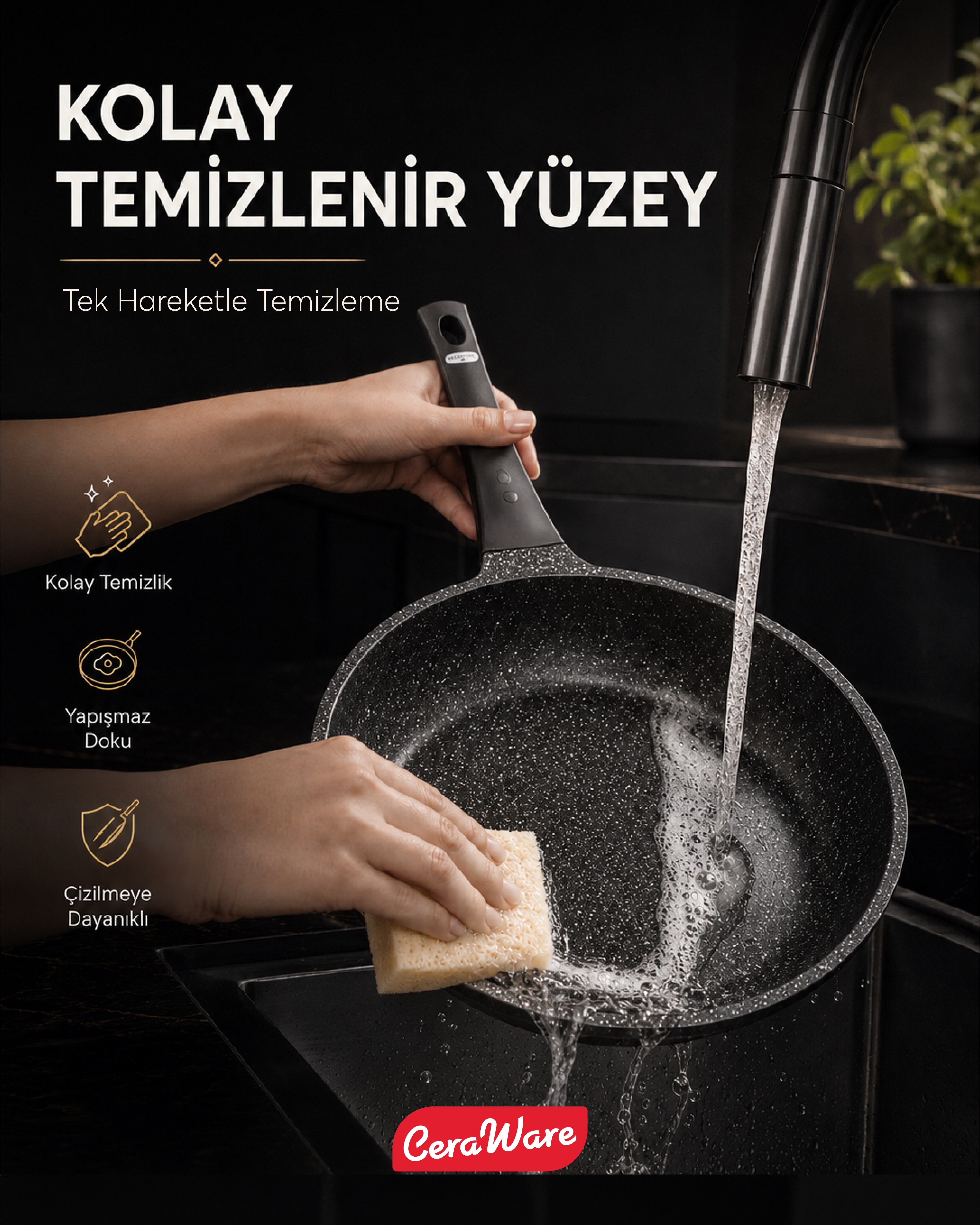 Ceraware Vetta Megastone Made in Korea Premium Tencere Tava Seti Çizilmeye Dayanıklı Yapışmaz Mutfak Seti Siyah