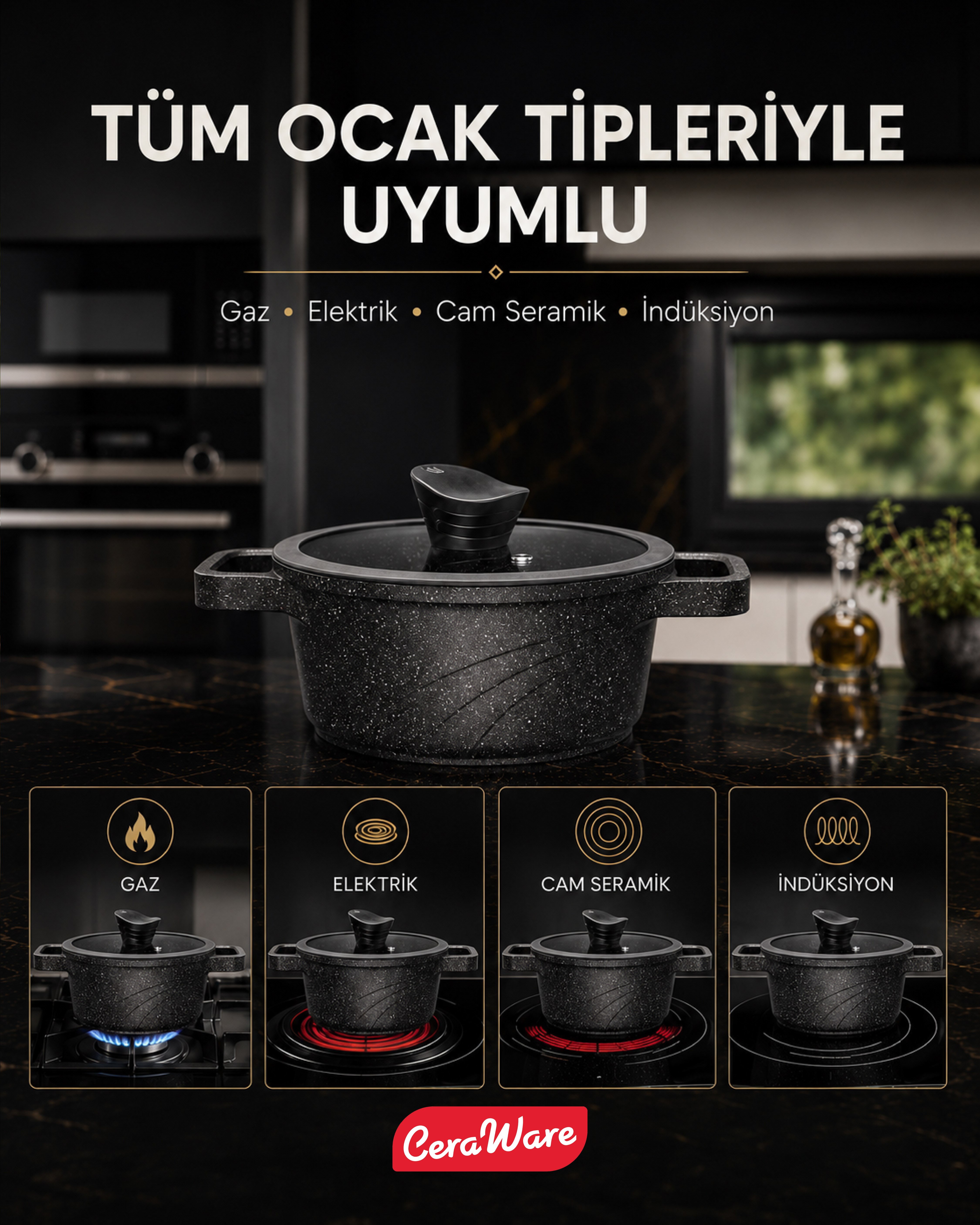 Ceraware Vetta Megastone Made in Korea Premium Tencere Tava Seti Çizilmeye Dayanıklı Yapışmaz Mutfak Seti Siyah