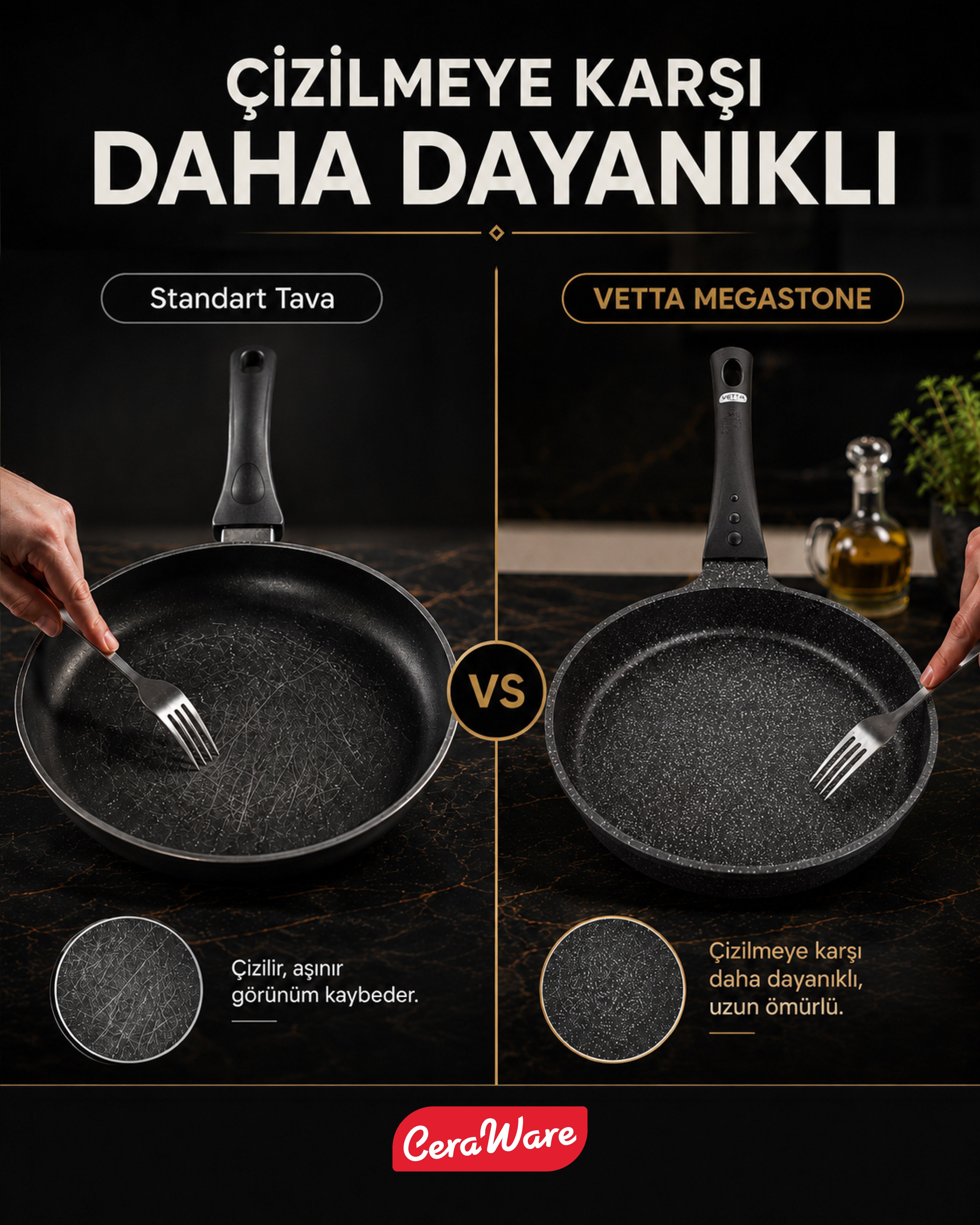 Ceraware Vetta Megastone Made in Korea Premium Tencere Tava Seti Çizilmeye Dayanıklı Yapışmaz Mutfak Seti Siyah