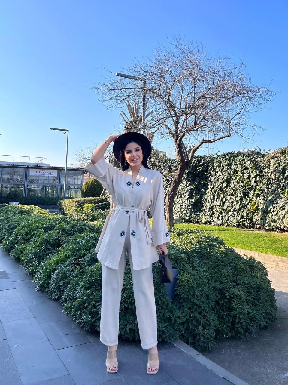 Kadın İkili Keten Göz Taşlı Takım