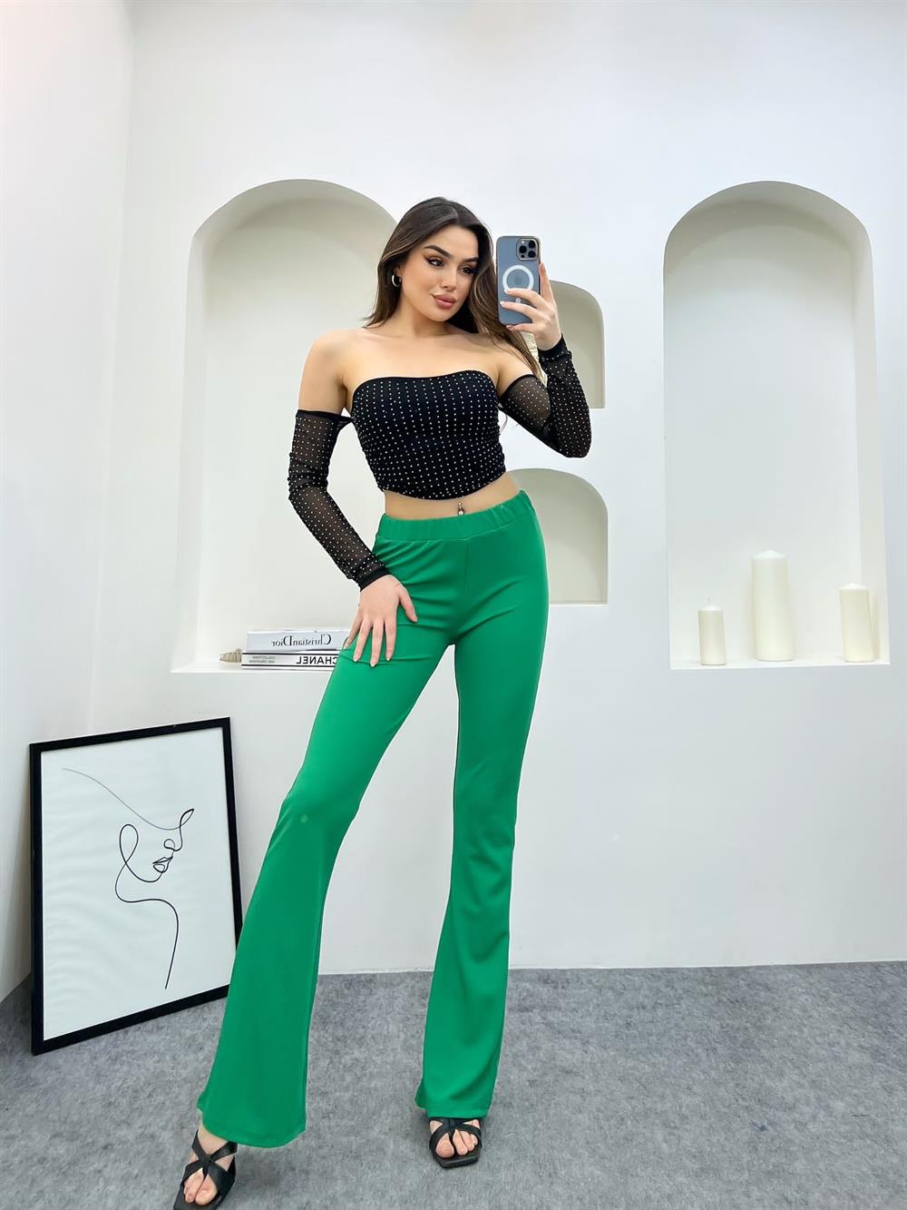 Kadın Yüksek Bel Toparlayıcı Çift Cepli Ispanyol Paça Tayt Bootcut