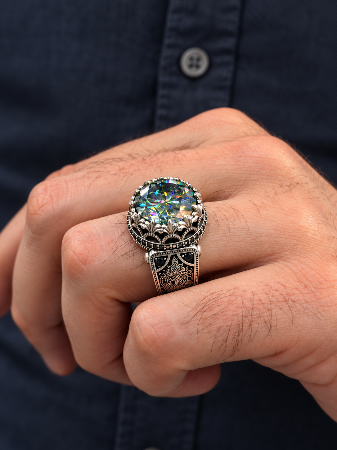 13 ct Mozanit Taşlı 925 Erkek Gümüş Yüzük