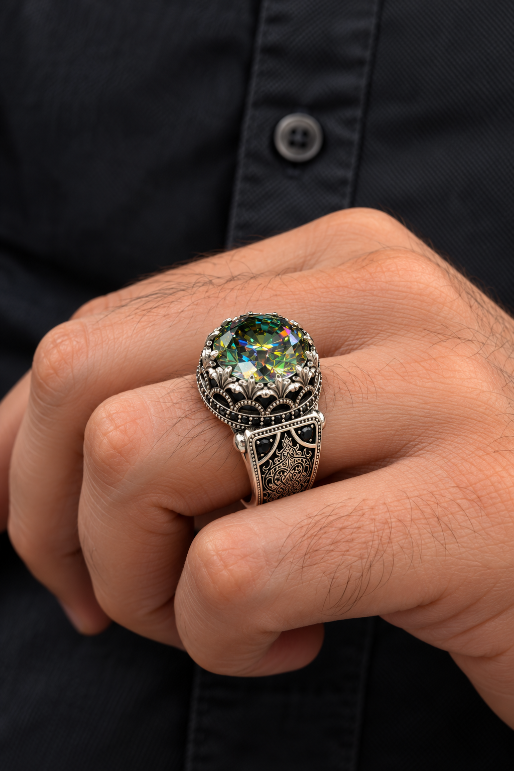 13 ct Mozanit Taşlı 925 Erkek Gümüş Yüzük